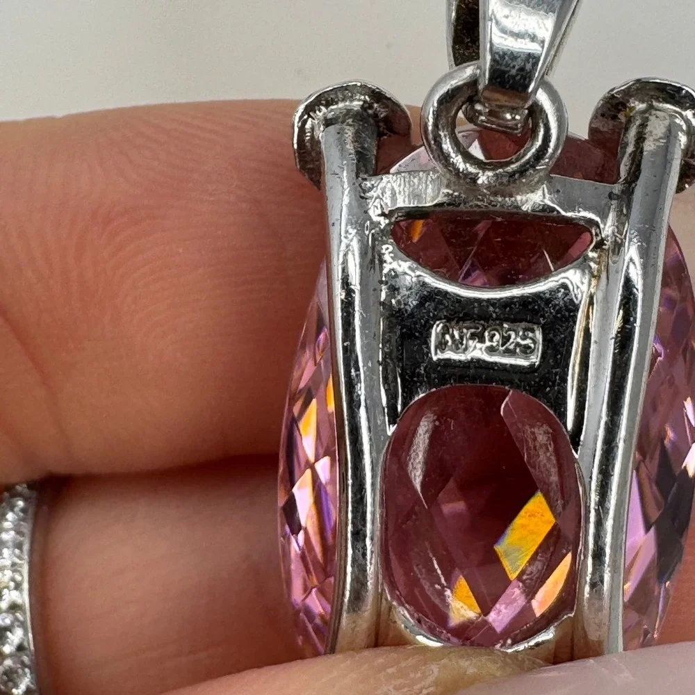 Sterling Silver Necklace with Bold Pink Oval Faceted CZ Gemstone Pendant 18